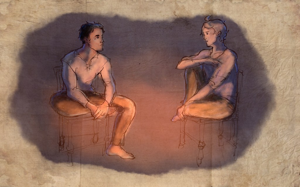 a piece of folded parchment or canvas, with a digital pastel/watercolor sketch on top. daichi and suga sit on chairs by firelight in simple clothing. suga is curled up on his chair, speaking; daichi is leaning forward, listening. 