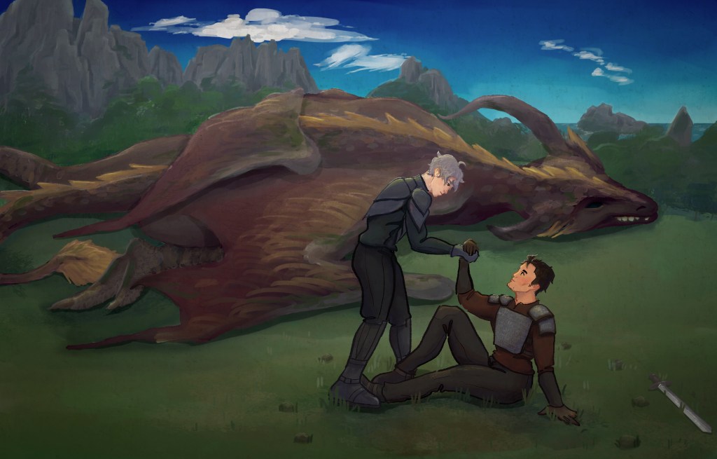 a digital painting with cliffs and the ocean in the background, against a bright blue sky. in the foreground, a dead wyvern lies half-crumpled in a clearing. in front of it, suga steps into a circle of stones, helping daichi off the ground. daichi looks up at suga in awe, his sword discarded to one side. 