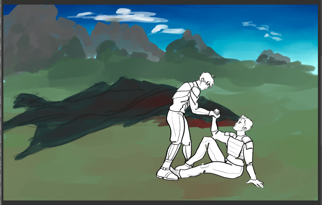 blocky base digital gouache colors laid down for mountain, sky and grass, and a tidy sketch of suga helping daichi up, lined but not colored. the same wyvern corpse is blocked in black and bloody.