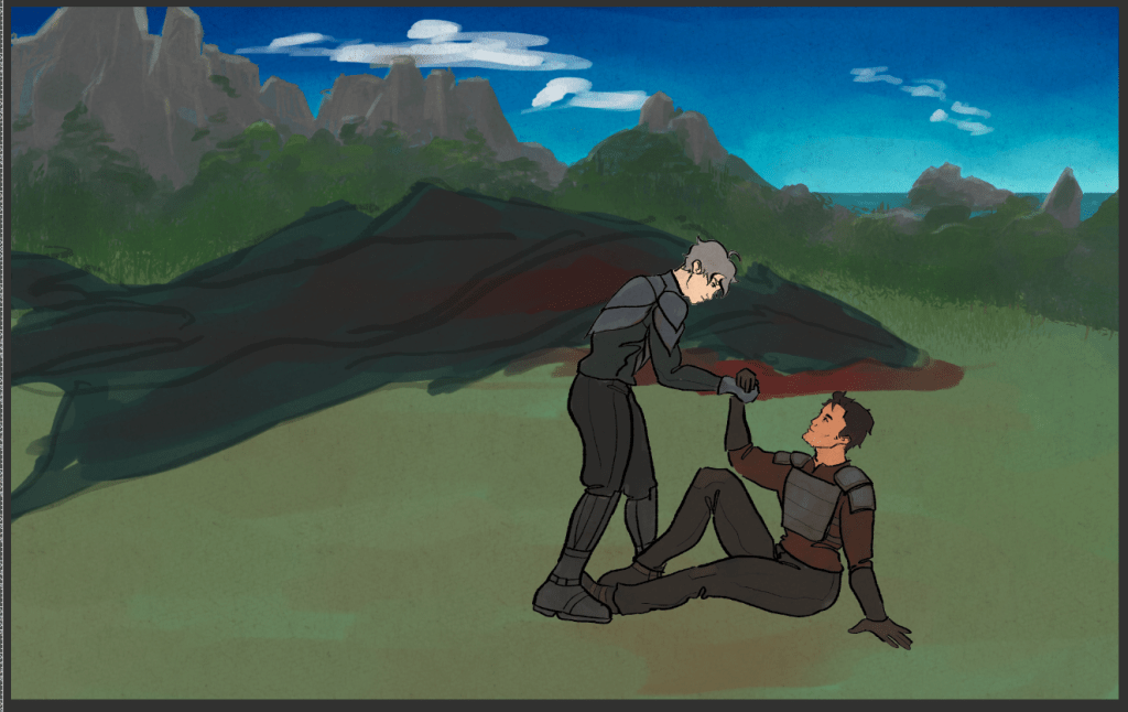 the wyvern corpse is still blocked in roughly. daisuga are colored in with flat colors, and the background is halfway to being rendered. trees teem at the edge of the clearing, newly painted.
