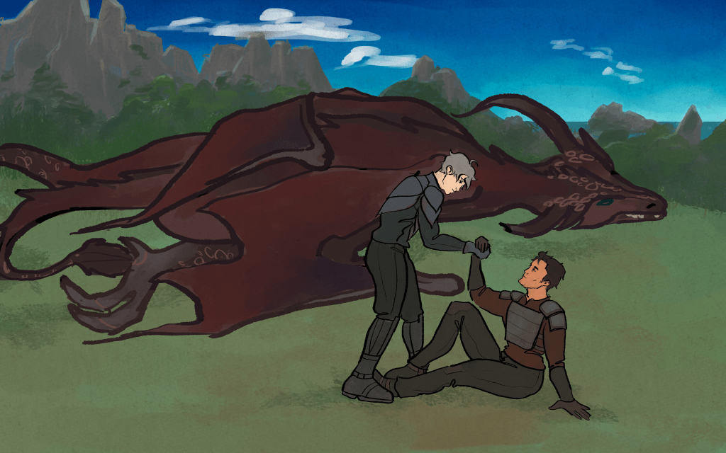 the shitty wyvern is replaced by a much more detailed wyvern. it's still very awkward in colors and thick, heavy lines. the final version paints over all of this extensively. 