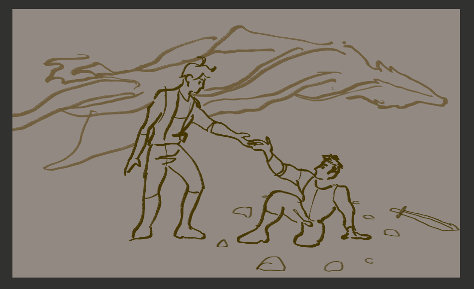 simple, blocky digital ink lines. the vague shape of a wyvern corpse in the background, with cartoonish but still recognizable daisuga in the foreground. suga reaches out to help daichi up.